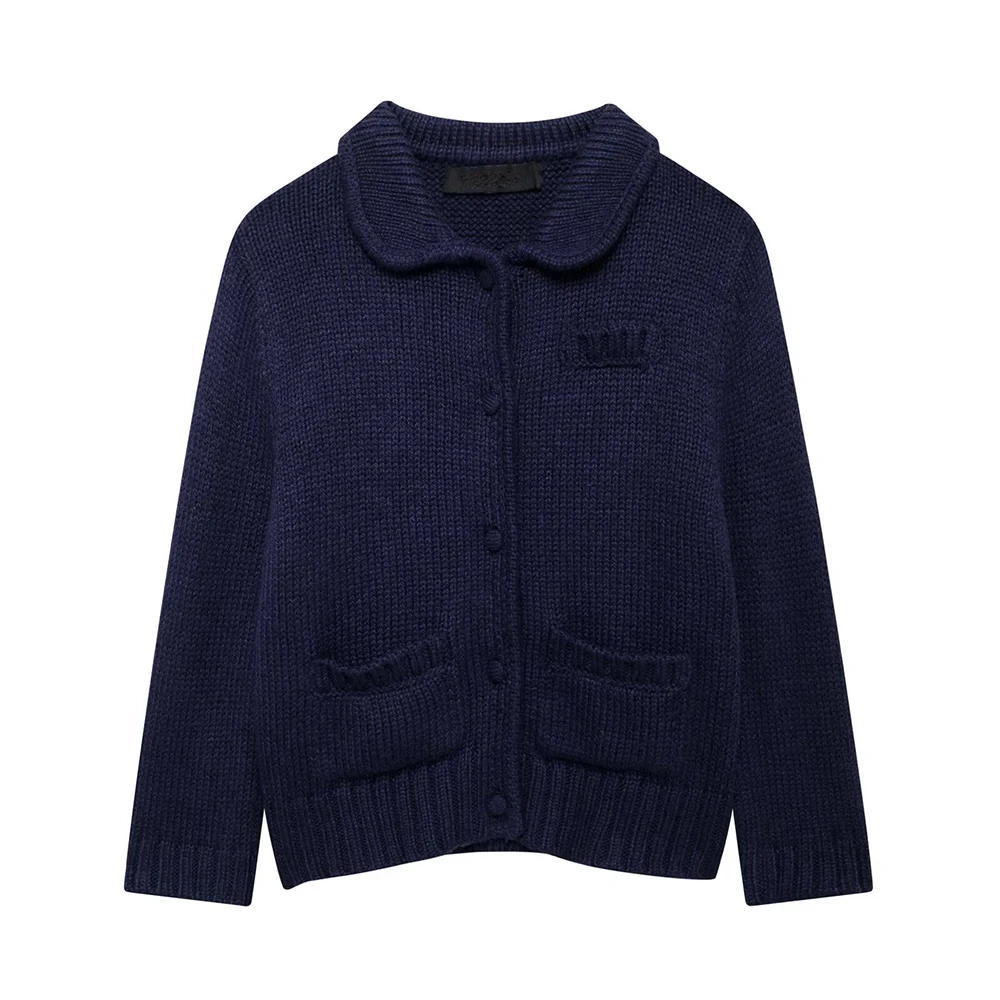 Cardigan Women Knitted Sweater Loose Turn-Down Collar Coat Long Sleeve Warm Pockets