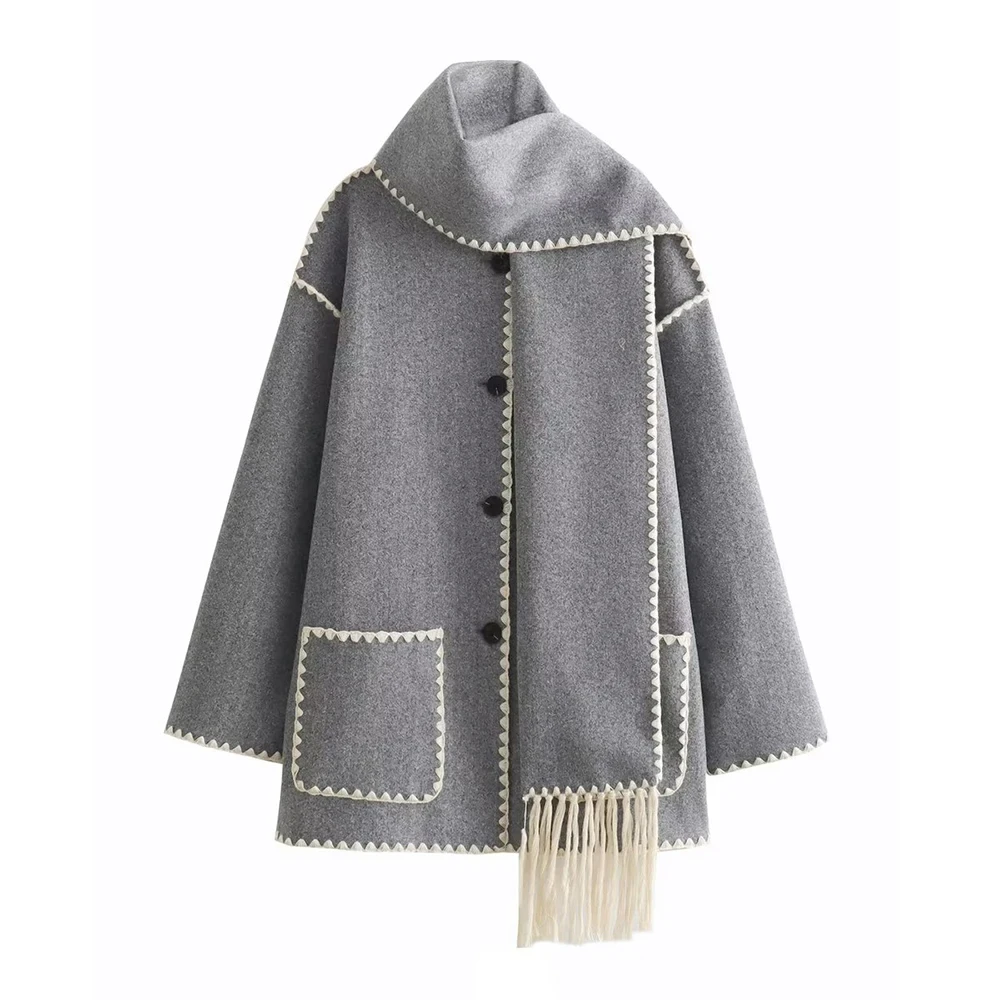 Jacket Women Coat Autumn Winter Tassel Scarf Collar Jackets Warm - Image 4