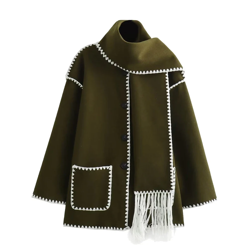 Jacket Women Coat Autumn Winter Tassel Scarf Collar Jackets Warm - Image 2