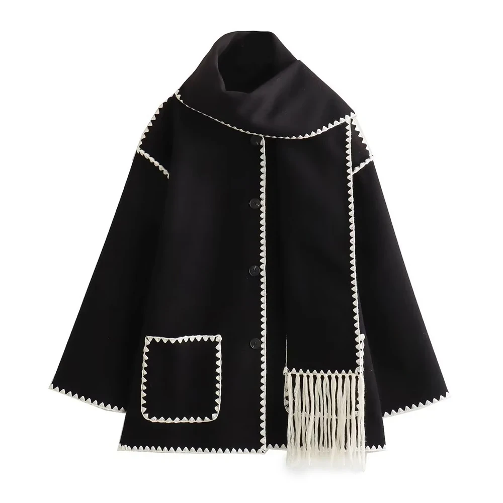 Jacket Women Coat Autumn Winter Tassel Scarf Collar Jackets Warm - Image 6