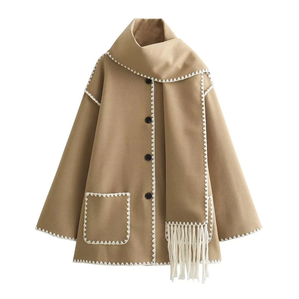 Jacket Women Coat Autumn Winter Tassel Scarf Collar Jackets Warm - Image 3