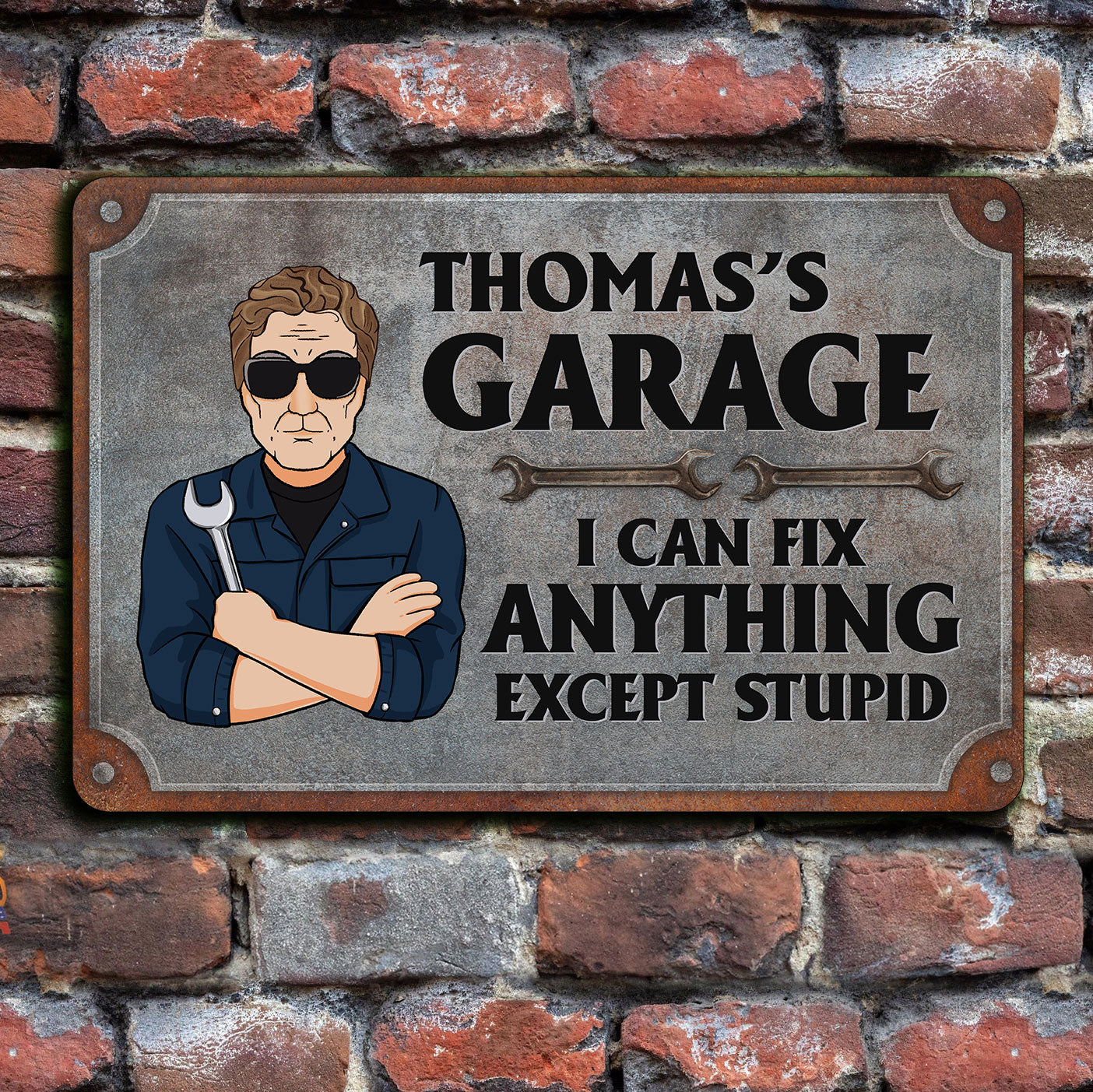Garage Sign I Can Fix Anything Except Stupid – Personalized Metal Sign – Birthday Gift For Men, Dad, Grandpa, Mechanics, Garage Men