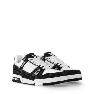 Louis Vuitton LV Trainer Maxi sneaker in black and white monogram denim and leather.