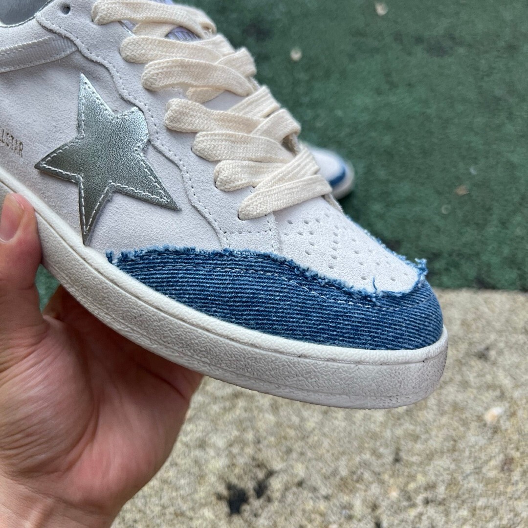 Golden Goose Ball Star White Suede Blue Distressed Denim Silver Star Low Top Sneakers - Image 3