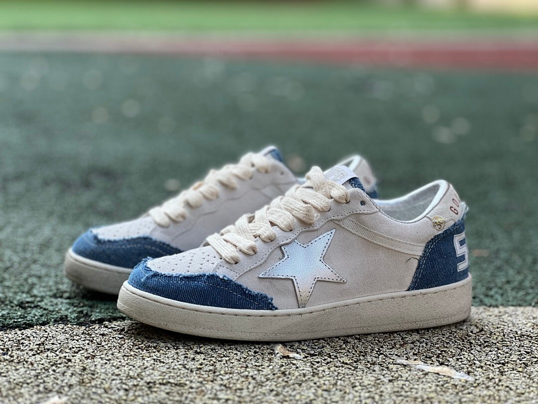 Golden Goose Ball Star White Suede Blue Distressed Denim Silver Star Low Top Sneakers - Image 4