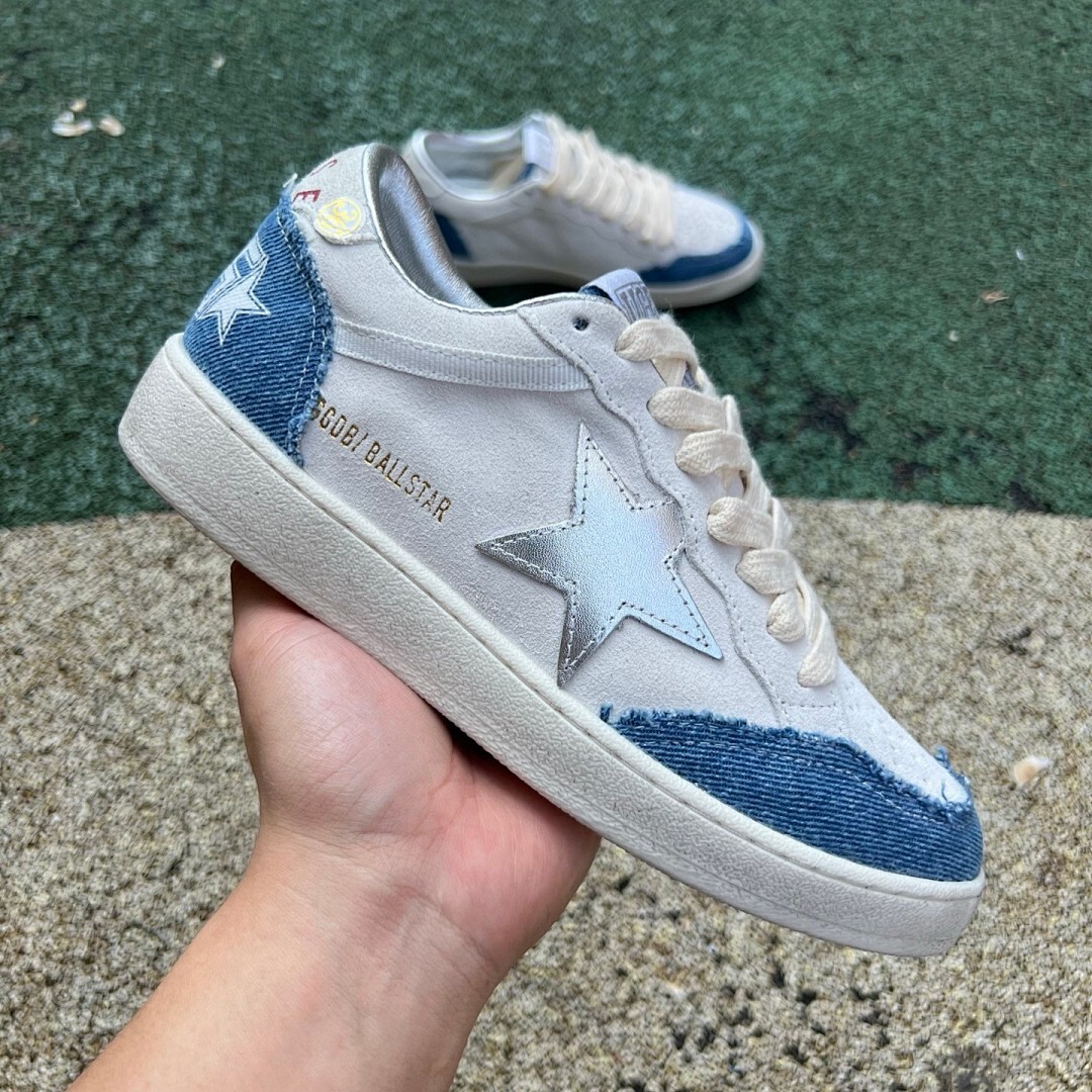 Golden Goose Ball Star White Suede Blue Distressed Denim Silver Star Low Top Sneakers - Image 10
