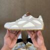 Unisex Cream Beige Suede Canvas Retro Runner Sneakers with Brown Leather Accents and Gum Sole