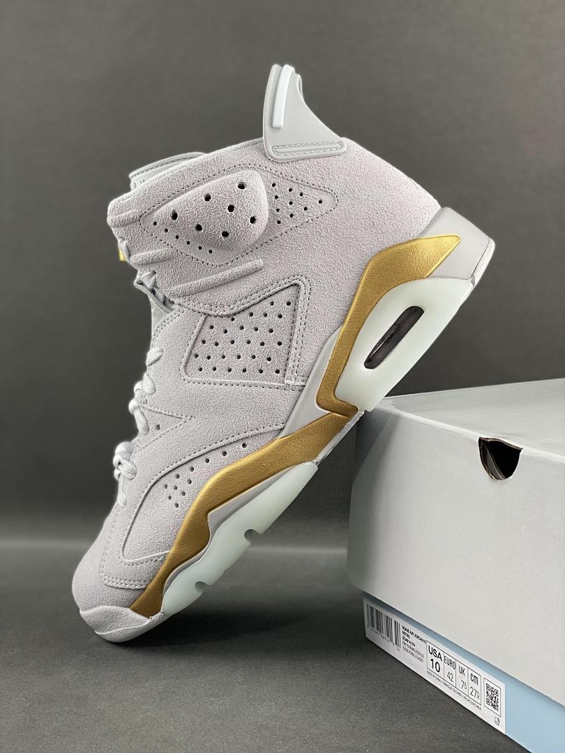 Air Jordan 6 Retro Sail Metallic Gold Suede Sneakers - Image 4