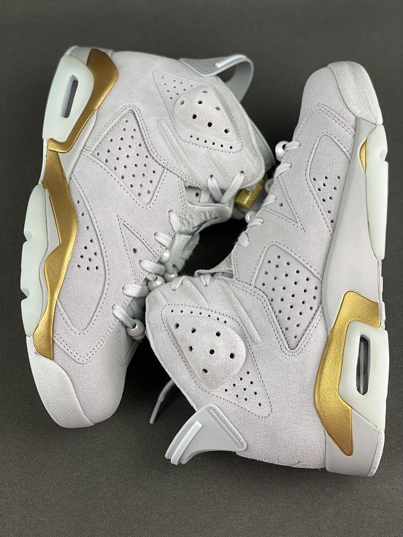 Air Jordan 6 Retro Sail Metallic Gold Suede Sneakers - Image 9