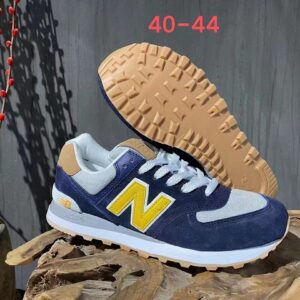 New Balance 574 Classic Lifestyle Sneakers Men's Navy Blue Yellow Grey Suede Mesh Gum Sole ENCAP