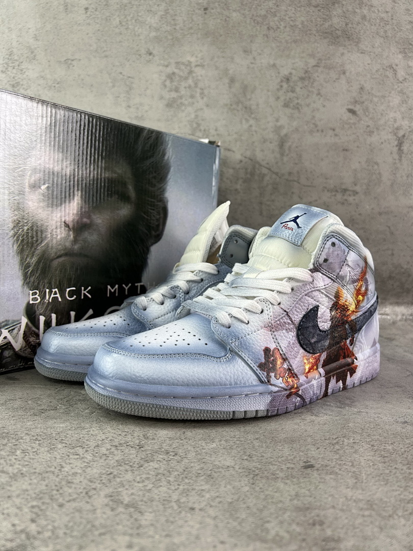 Air Jordan 1 Mid 'Black Myth: Wukong' Custom Sneakers - Fiery Monkey King Graphic Edition