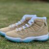 Nike Air Jordan 11 Retro Premium Heiress "Wheat" Women's Sneakers - Tan Suede, Metallic Gold Jumpman, Icy Blue Outsole (852625-700)