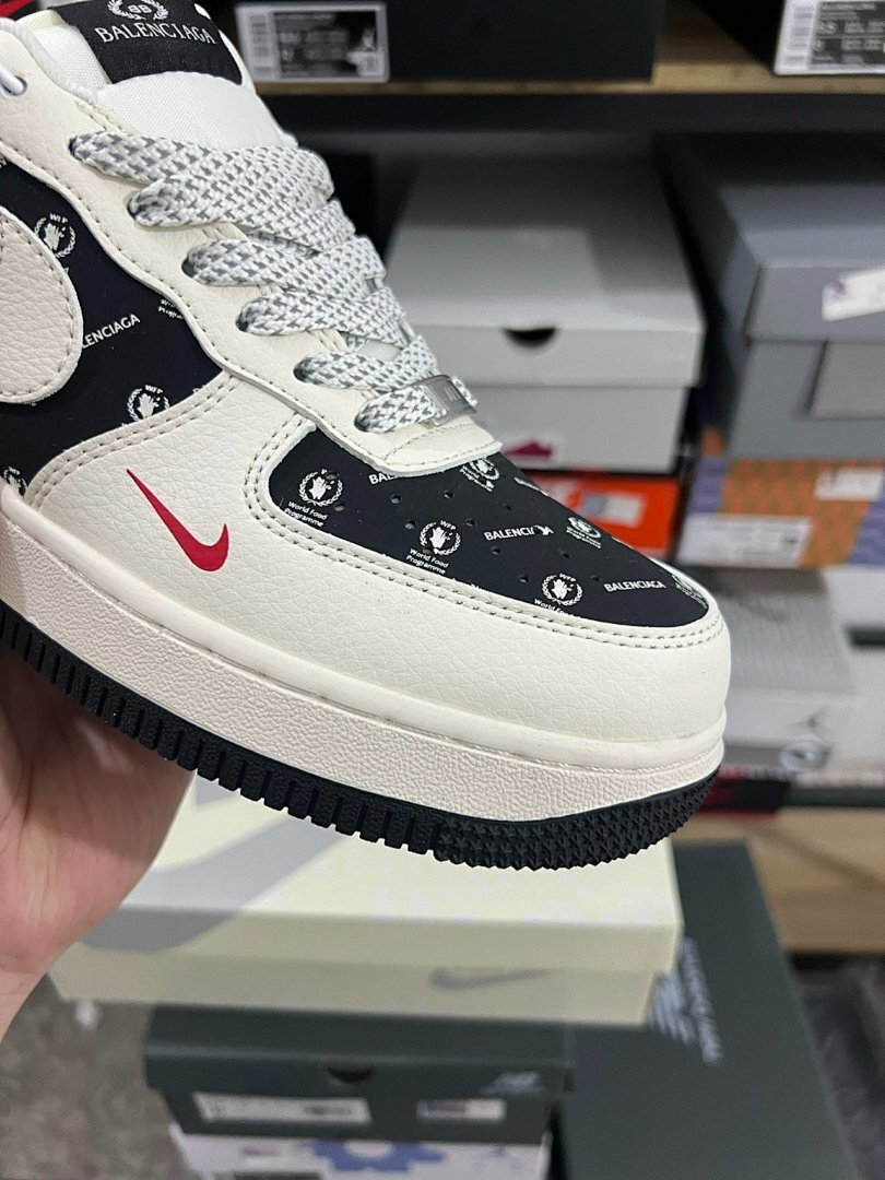 Nike Air Force 1 Low Custom Balenciaga Monogram Cream Black Red Sneakers - Image 3
