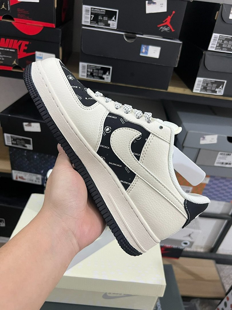Nike Air Force 1 Low Custom Balenciaga Monogram Cream Black Red Sneakers - Image 7