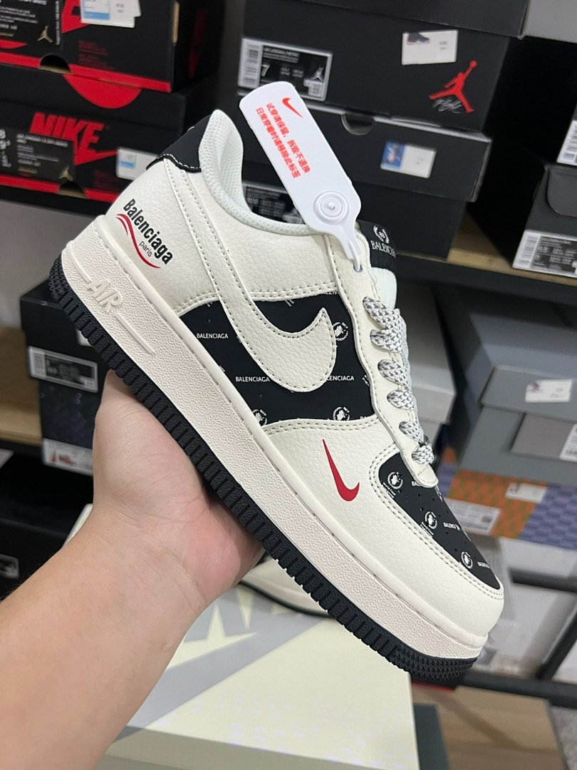 Nike Air Force 1 Low Custom Balenciaga Monogram Cream Black Red Sneakers - Image 9
