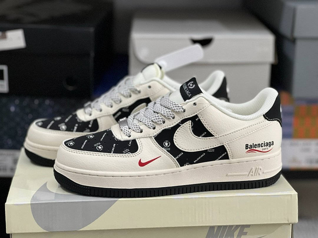 Nike Air Force 1 Low Custom Balenciaga Monogram Cream Black Red Sneakers - Image 10