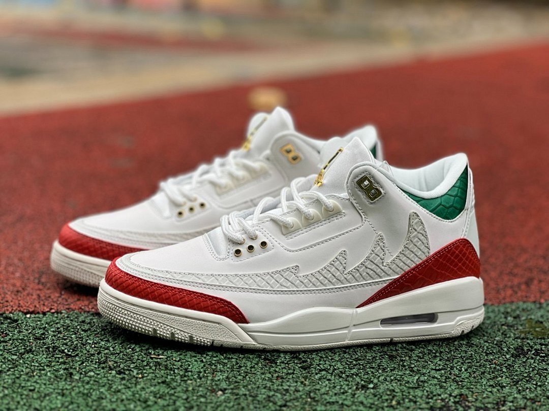 Air Jordan 3 Retro "Medusa" White Red Green Gold Snakeskin Pattern Custom Sneakers Shoes