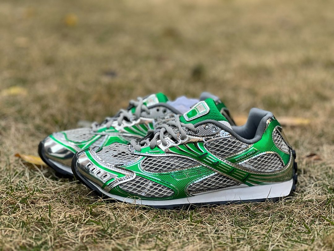 Bottega Veneta Orbit Sneakers Metallic Silver Kiwi Green Mesh Y2K Trainers