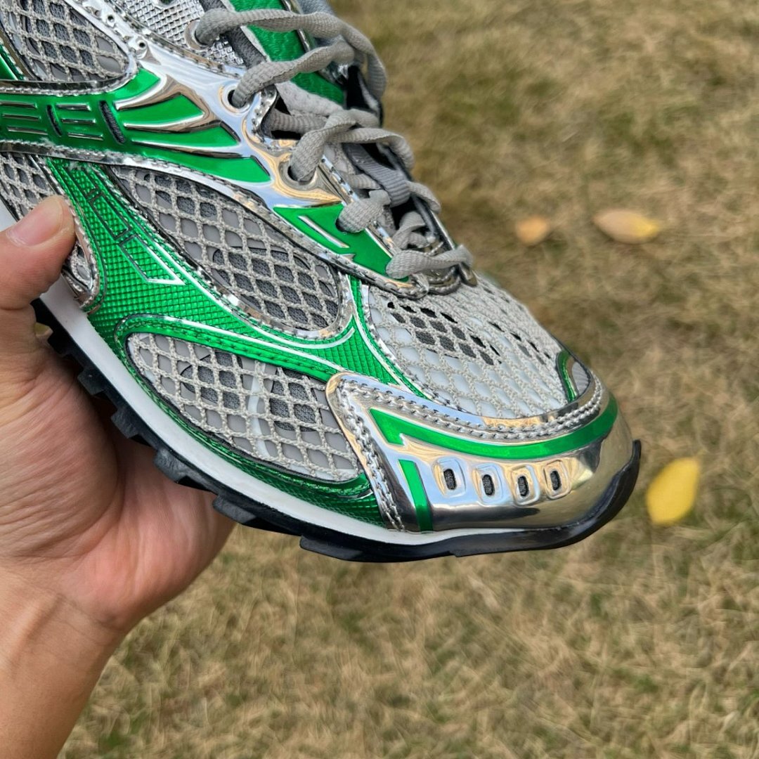 Bottega Veneta Orbit Sneakers Metallic Silver Kiwi Green Mesh Y2K Trainers - Image 3