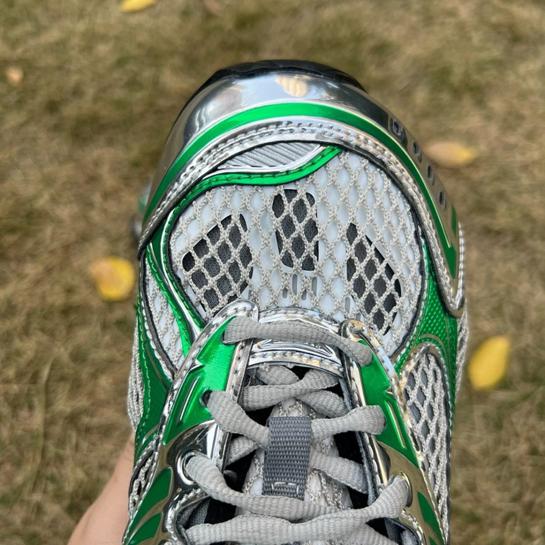 Bottega Veneta Orbit Sneakers Metallic Silver Kiwi Green Mesh Y2K Trainers - Image 4