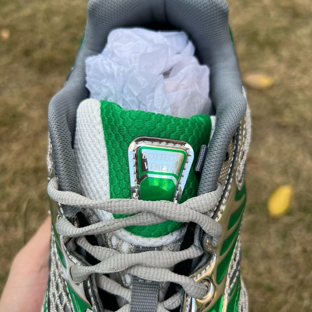 Bottega Veneta Orbit Sneakers Metallic Silver Kiwi Green Mesh Y2K Trainers - Image 5