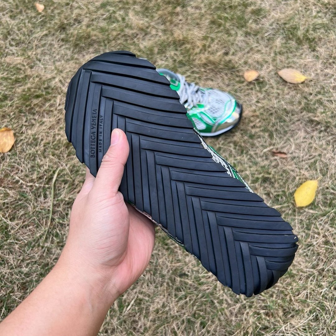 Bottega Veneta Orbit Sneakers Metallic Silver Kiwi Green Mesh Y2K Trainers - Image 6