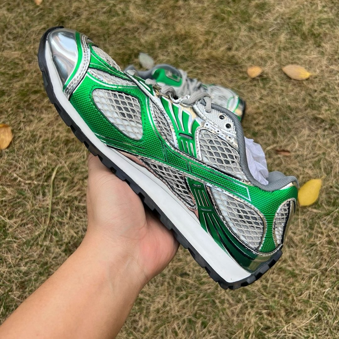 Bottega Veneta Orbit Sneakers Metallic Silver Kiwi Green Mesh Y2K Trainers - Image 7