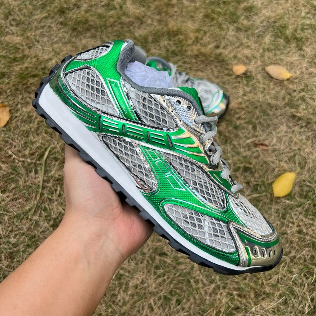 Bottega Veneta Orbit Sneakers Metallic Silver Kiwi Green Mesh Y2K Trainers - Image 9