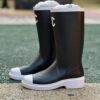 Chanel Black Rubber Rain Boots White Cap Toe CC Logo
