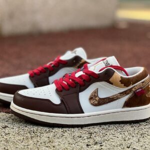 Air Jordan 1 Low Western Cowboy Cow Print Dark Mocha White Red Calf Hair Sneakers Men's Retro Casual Shoes