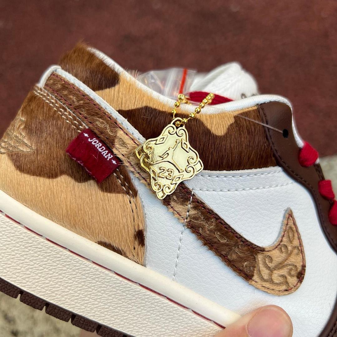 Air Jordan 1 Low Western Cowboy Cow Print Dark Mocha White Red Calf Hair Sneakers Men's Retro Casual Shoes - Image 4