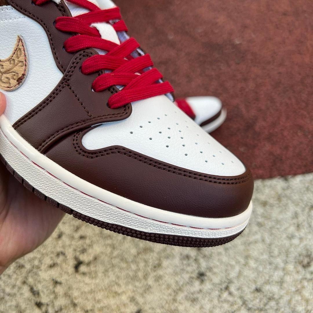 Air Jordan 1 Low Western Cowboy Cow Print Dark Mocha White Red Calf Hair Sneakers Men's Retro Casual Shoes - Image 5